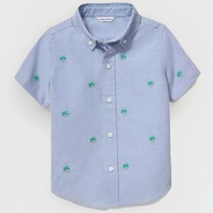 Janie & Jack Boys Blue Palm Tree Button Down Shirt Oxford Short Sleeve Size S